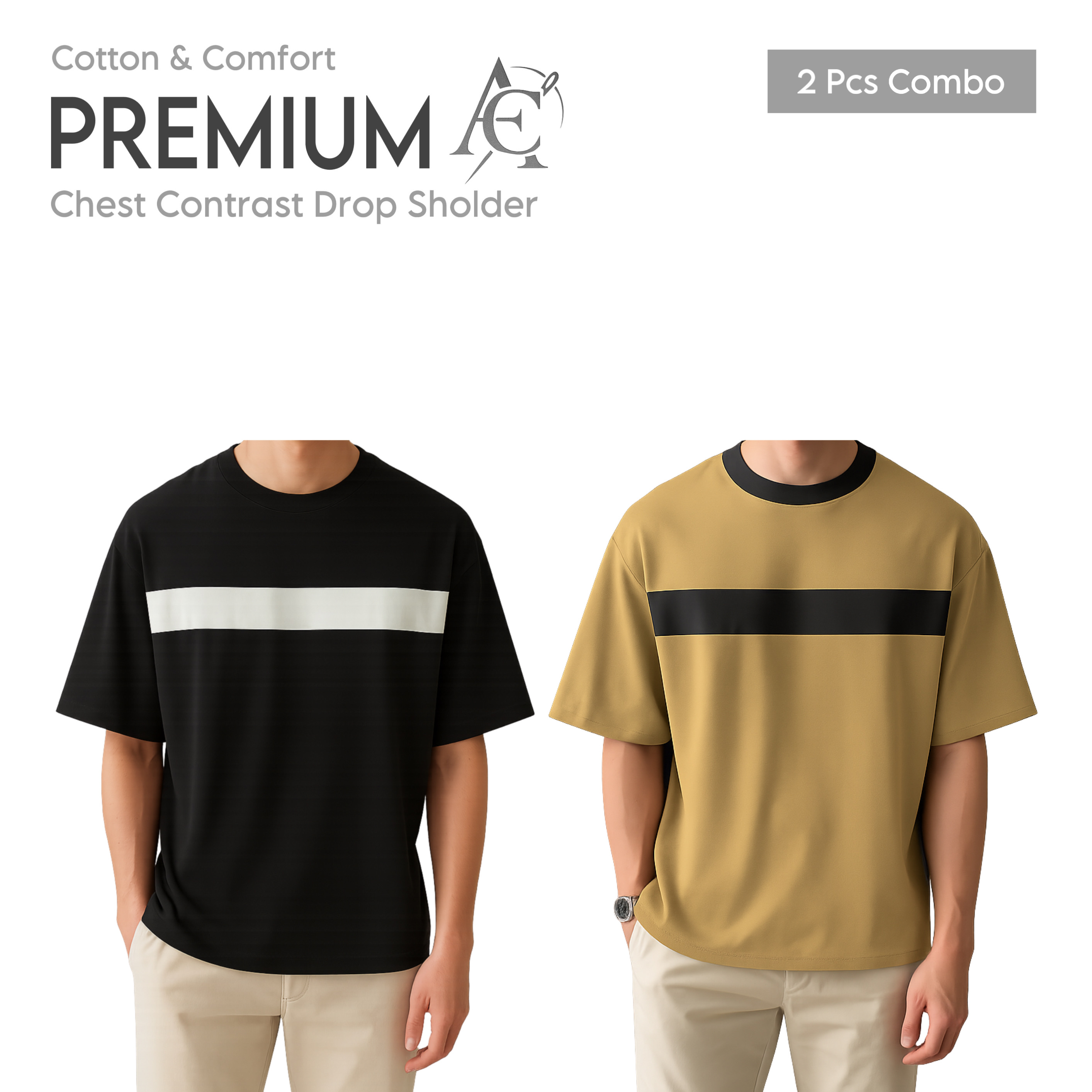 Soft Comfort Drop Shoulder Premium T-Shirt- cc beige-cc black