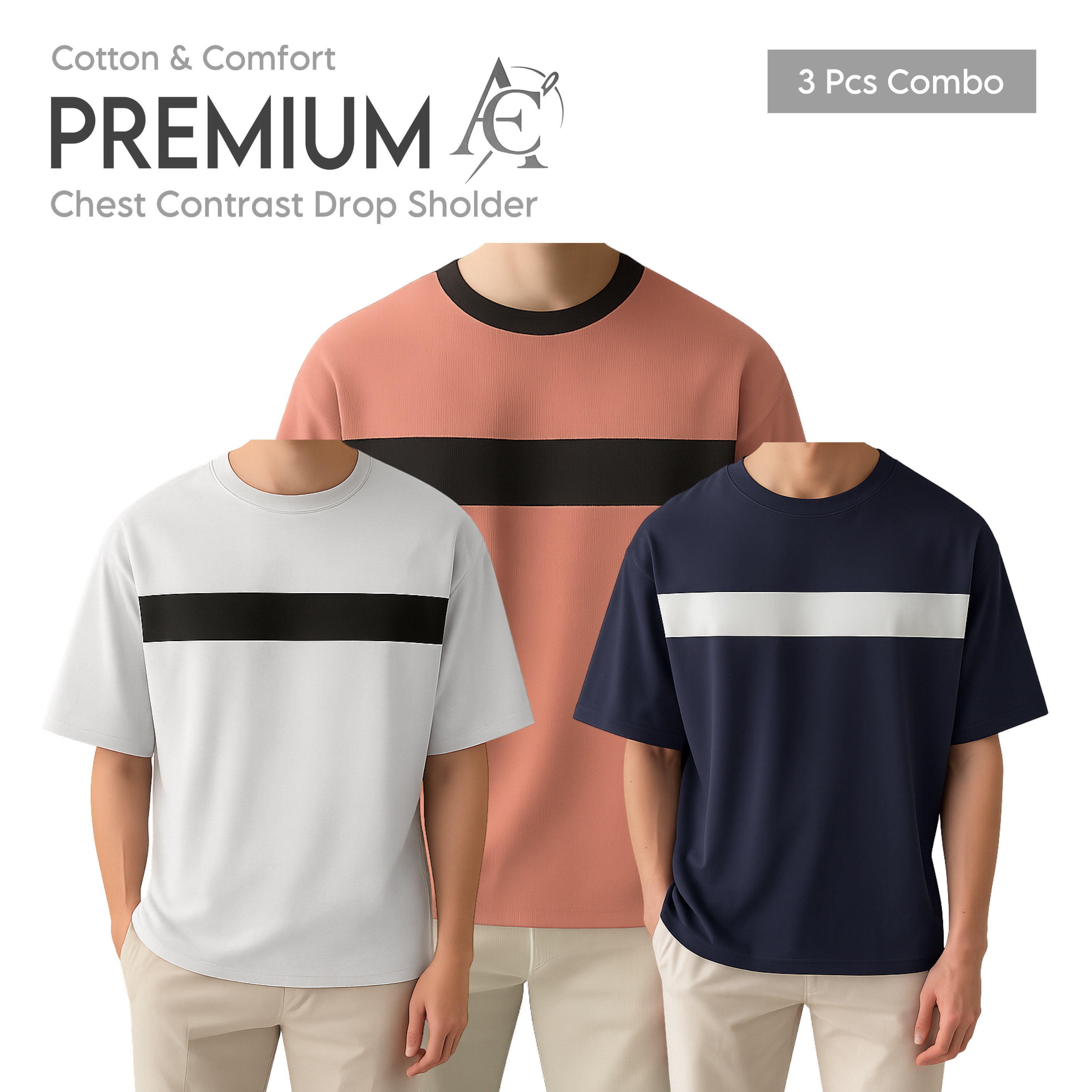 Drop Shoulder Premium T-Shirt- cc navy-cc peach-cc white