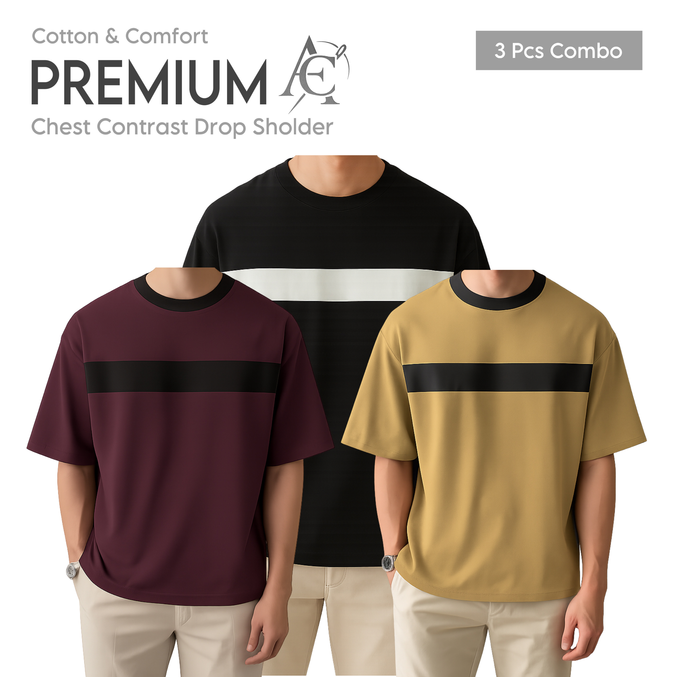 Soft Comfort Drop Shoulder Premium T-Shirt- cc coffe-cc black-cc beige