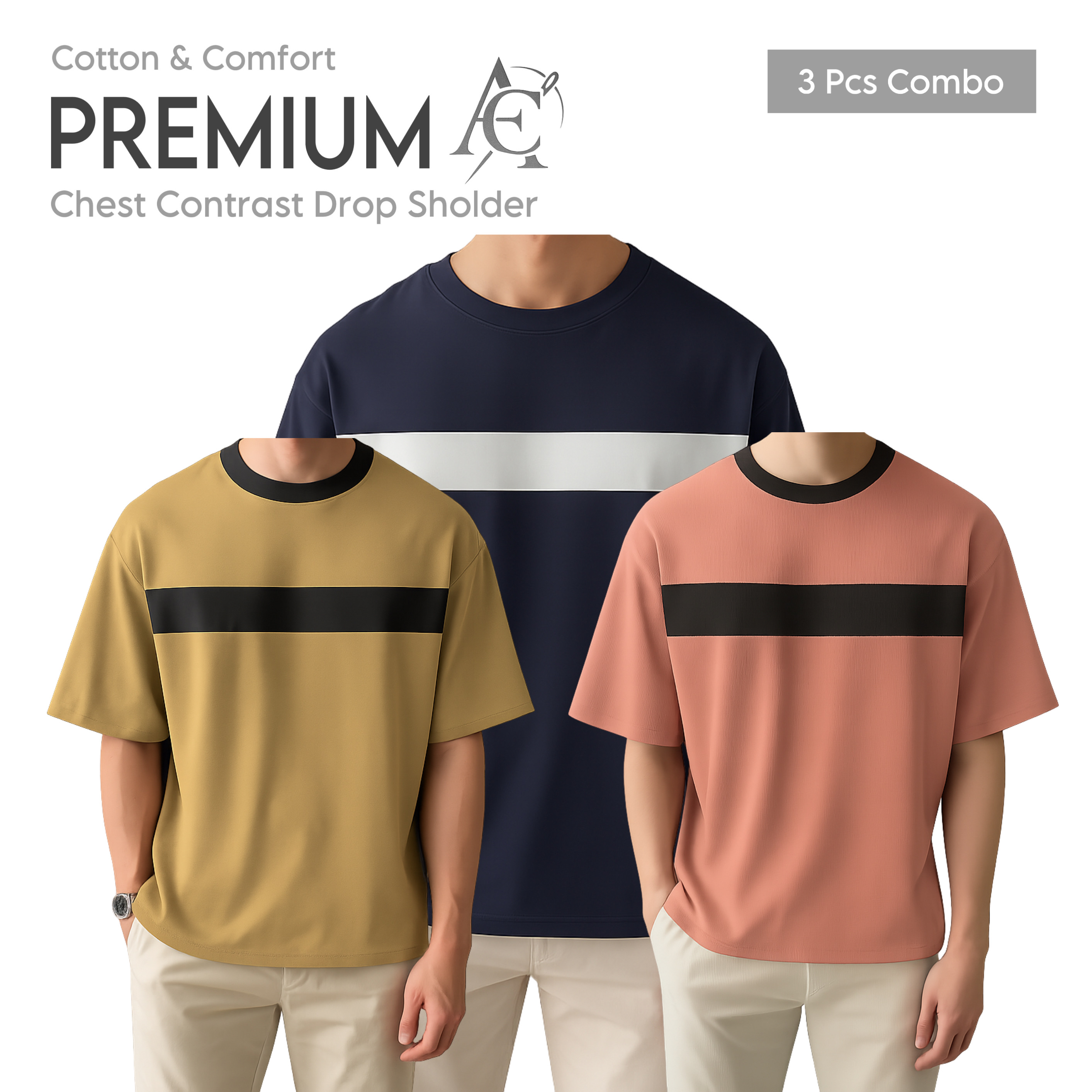 Drop Shoulder Premium T-Shirt- cc peach-cc navy-cc beige