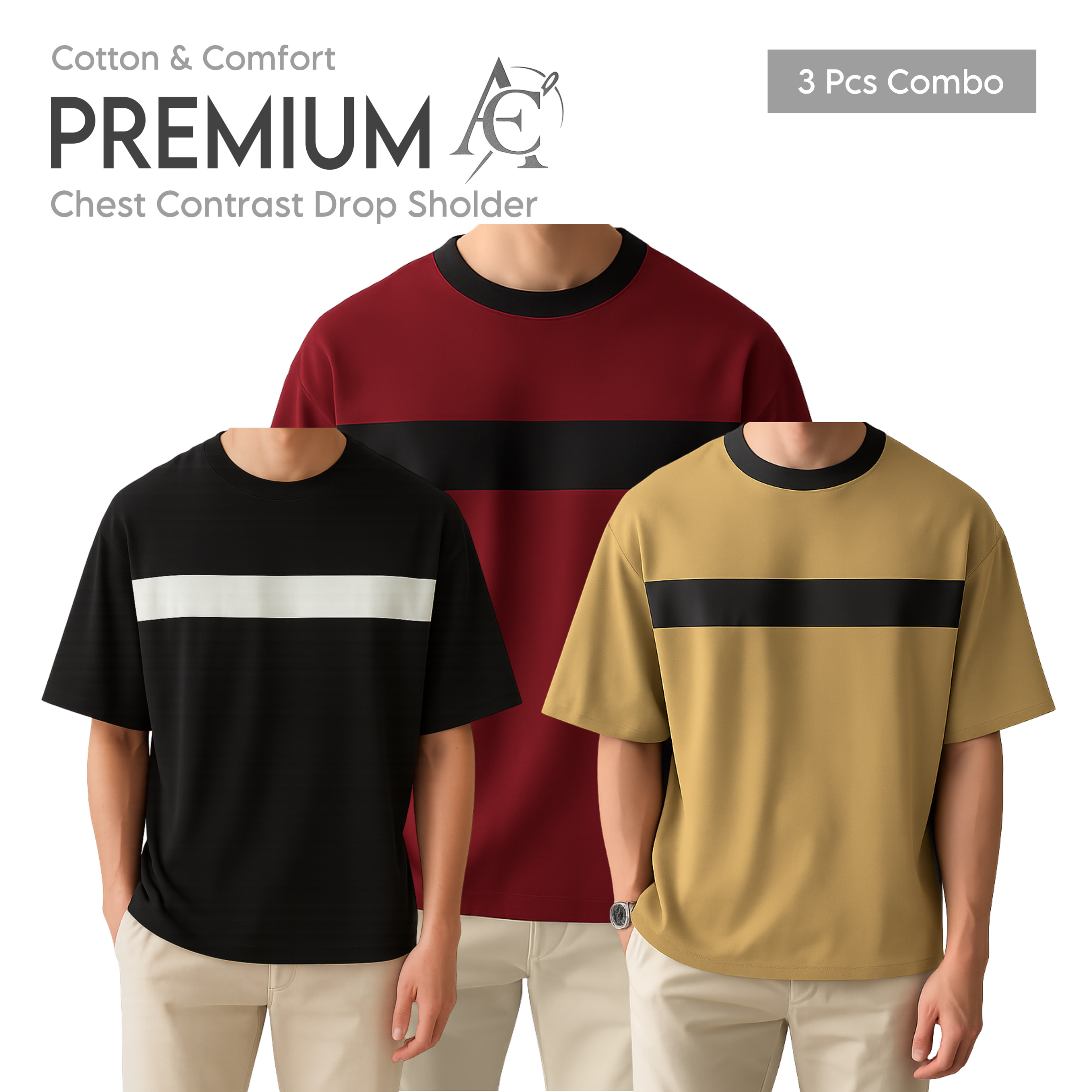 Drop Shoulder Premium T-Shirt- cc maroon-cc black-cc beige